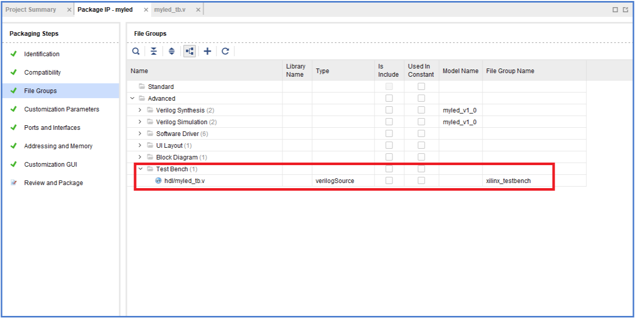 Figure 7.  Test bench file hdl/myled_tb.v added to the file group list