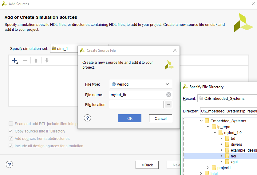 Figure 5. Create myled_tb under hdl folder in IP repository