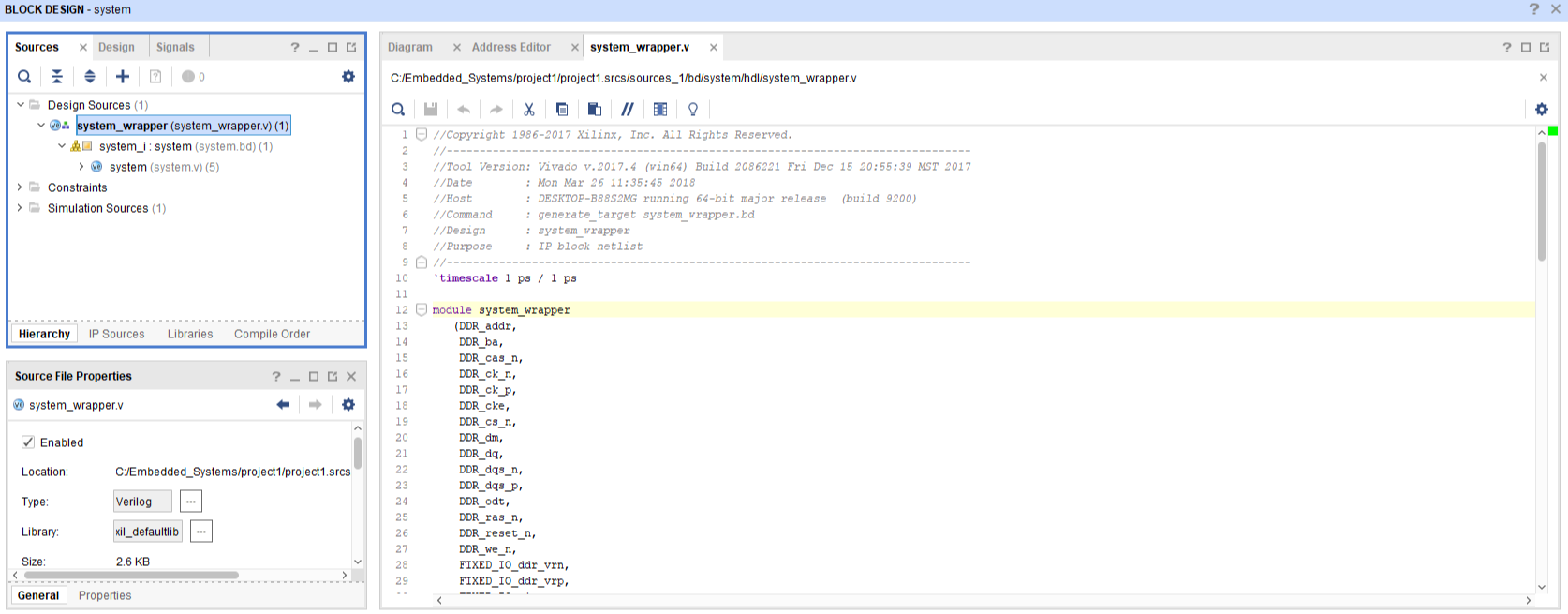 Figure 33. Open system_wrapper Module to View the Input/Output Ports