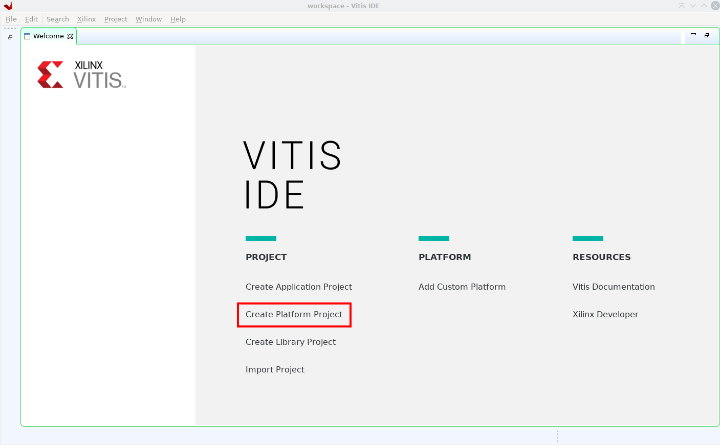 Figure 5a. Create Platform Project from Vitis Welcome Screen