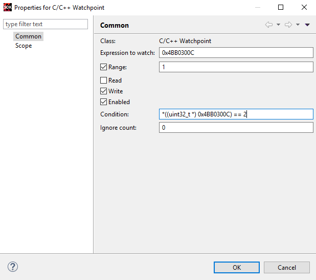 Figure 23. Properties for C/C++ Watchpoint