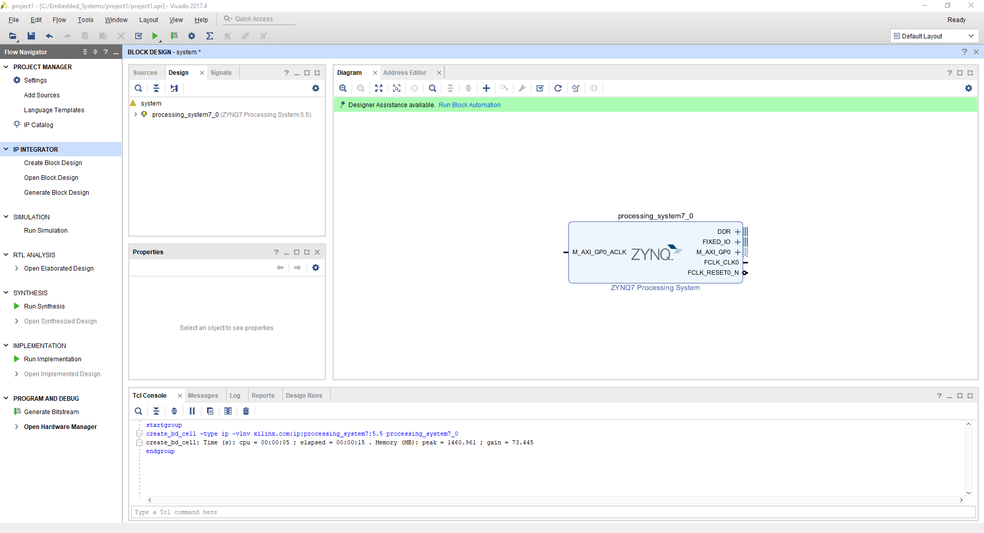 Figure 4. Zynq7 Processing System IP will show up in the Block Diagram with inputs and outputs labeled.