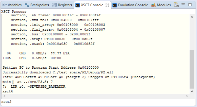 Figure 11. Debug Perspective: XSCT Console